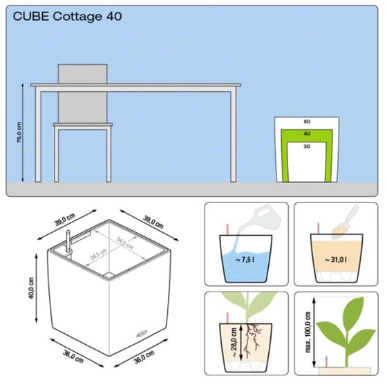 LECHUZA Cube Cottage 40 Επιδαπέδια Γλάστρα 39x39x40cm Αυτοποτιζόμενη με Δοχείο Φύτευσης Ανθρακί Γερμανίας