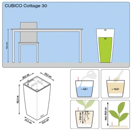LECHUZA Cubico Cottage 30 Επιδαπέδια Γλάστρα 29.5x29.5x56.5cm Αυτοποτιζόμενη με Δοχείο Φύτευσης Μόκα Γερμανίας