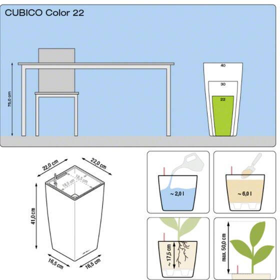 LECHUZA Cubico Color 22 Επιδαπέδια Γλάστρα 22x22x41cm Αυτοποτιζόμενη με Δοχείο Φύτευσης Ανθρακί Ματ Γερμανίας