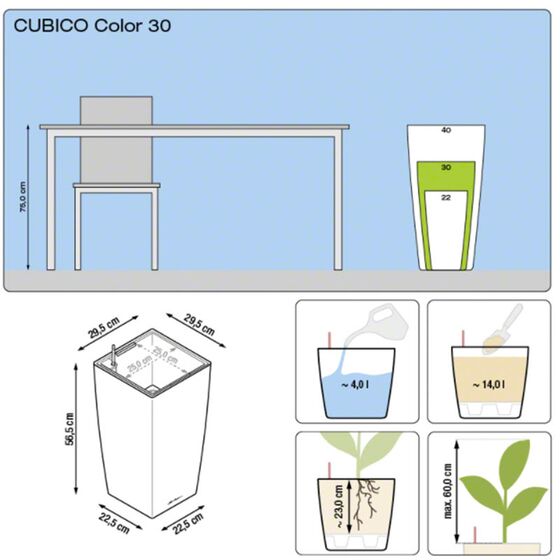 LECHUZA Cubico Color 30 Επιδαπέδια Γλάστρα 29.5x29.5x56.5cm Αυτοποτιζόμενη με Δοχείο Φύτευσης Ανθρακί Ματ Γερμανίας