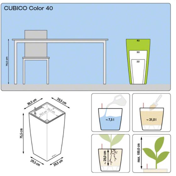 LECHUZA Cubico Color 40 Επιδαπέδια Γλάστρα 39.5x39.5x75.5cm Αυτοποτιζόμενη με Δοχείο Φύτευσης Ανθρακί Ματ Γερμανίας