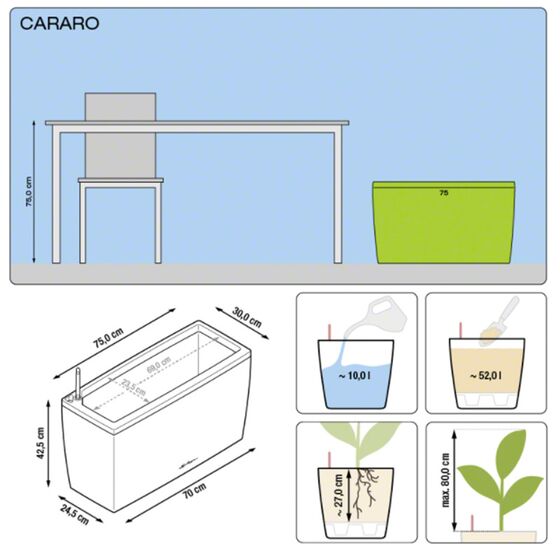 LECHUZA CARARO 75 Premium Ζαρντινιέρα Επιδαπέδια 75x30x42.5cm ΑΥΤΟΠΟΤΙΖΟΜΕΝΗ με 2 Ρόδες Λευκή Γυαλιστερή Γερμανίας