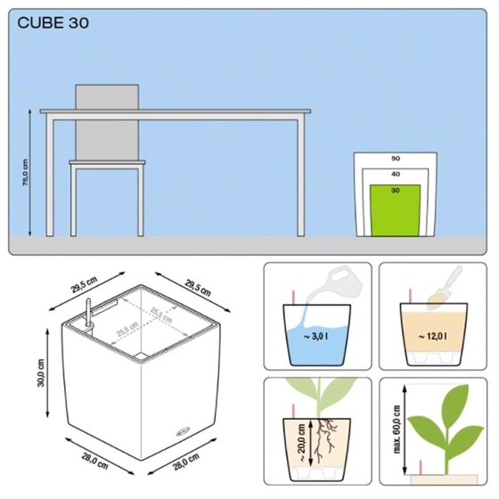 LECHUZA Cube Premium 30 Επιδαπέδια Γλάστρα 29.5x29.5x30cm Αυτοποτιζόμενη με Δοχείο Φύτευσης Ασημί Γυαλιστερή Γερμάνιας
