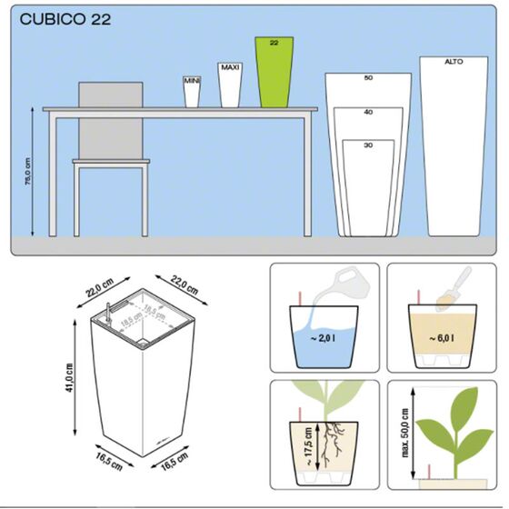 LECHUZA CUBICO 22 Premium Επιτραπέζια Γλάστρα 22x22x41cm Αυτοποτιζόμενη με Δοχείο Φύτευσης Καφέ Espresso Γυαλιστερή Γερμανίας