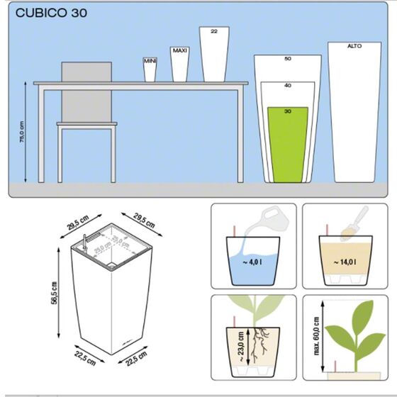 LECHUZA CUBICO 30 Premium Επιδαπέδια Γλάστρα 29.5x29.5x56.5cm Αυτοποτιζόμενη με Δοχείο Φύτευσης Ανθρακί Γυαλιστερή Γερμανίας