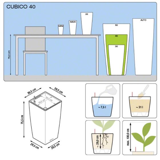 LECHUZA CUBICO 40 Premium Επιδαπέδια Γλάστρα 39.5x39.5x75.5cm Αυτοποτιζόμενη με Δοχείο Φύτευσης Λευκή Γυαλιστερή Γερμανίας