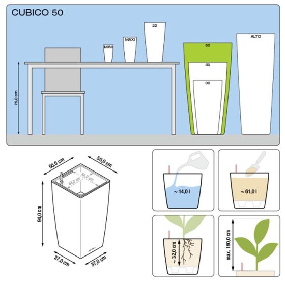 LECHUZA CUBICO 50 Premium Επιδαπέδια Γλάστρα 50x50x94cm Αυτοποτιζόμενη με Δοχείο Φύτευσης Ανθρακί Γυαλιστερή Γερμανίας