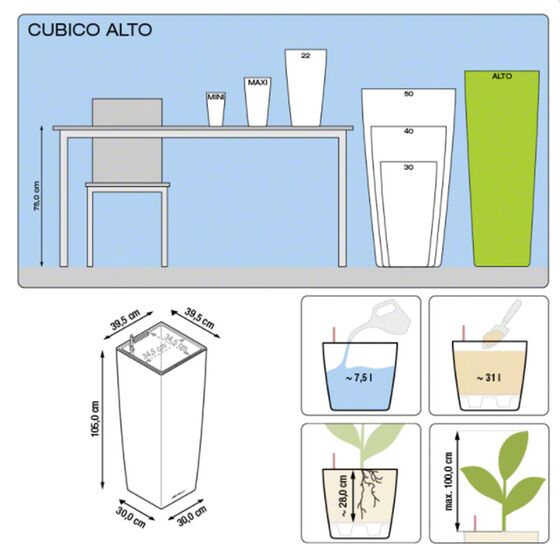 LECHUZA CUBICO ALTO 40 Premium Επιδαπέδια Γλάστρα 39.5x39.5x105cm Αυτοποτιζόμενη με Δοχείο Φύτευσης Λευκή Γυαλιστερή Γερμανίας