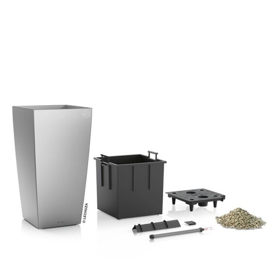 LECHUZA CUBICO 22 Premium Επιτραπέζια Γλάστρα 22x22x41cm Αυτοποτιζόμενη με Δοχείο Φύτευσης Ασημί Γυαλιστερή Γερμανίας