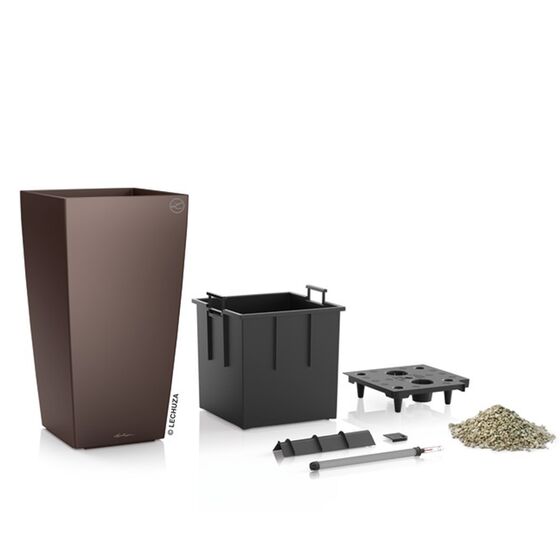 LECHUZA CUBICO 22 Premium Επιτραπέζια Γλάστρα 22x22x41cm Αυτοποτιζόμενη με Δοχείο Φύτευσης Καφέ Espresso Γυαλιστερή Γερμανίας