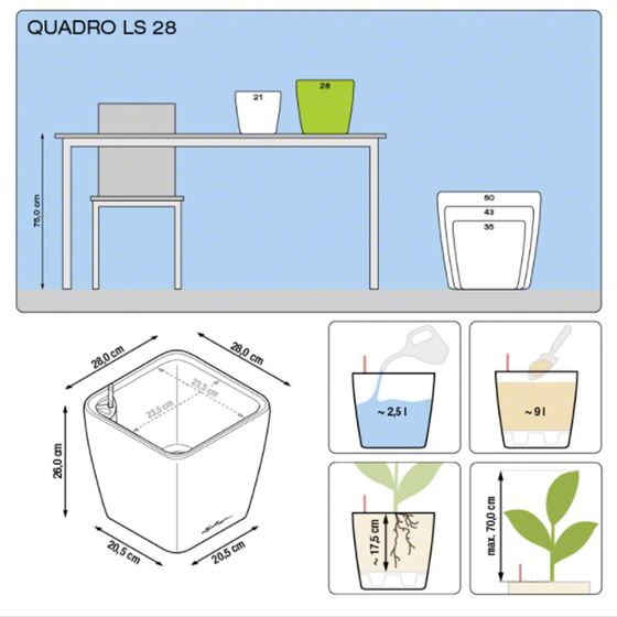 LECHUZA QUADRO 28 LS Premium Επιτραπέζια Γλάστρα 28x28x26cm ΑΥΤΟΠΟΤΙΖΟΜΕΝΗ με Δοχείο Φύτευσης Μαύρη Γυαλιστερή Γερμανίας