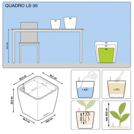 LECHUZA QUADRO 35 LS Premium Επιδαπέδια Γλάστρα 35.5x35.5x32.5cm ΑΥΤΟΠΟΤΙΖΟΜΕΝΗ με Δοχείο Φύτευσης Λευκή Γυαλιστερή Γερμανίας