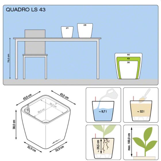 LECHUZA QUADRO 43 LS Premium Επιδαπέδια Γλάστρα 43x43x39cm ΑΥΤΟΠΟΤΙΖΟΜΕΝΗ με Δοχείο Φύτευσης Μαύρη Γυαλιστερή Γερμανίας