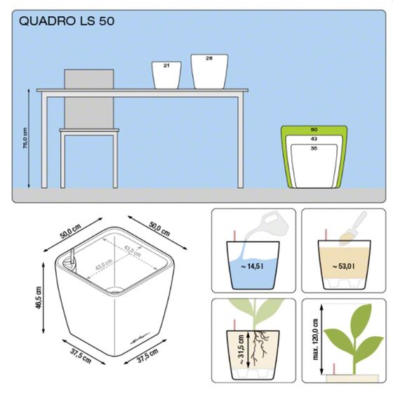 LECHUZA QUADRO 50 LS Premium Επιδαπέδια Γλάστρα 50x50x46.5cm ΑΥΤΟΠΟΤΙΖΟΜΕΝΗ με Δοχείο Φύτευσης Λευκή Γυαλιστερή Γερμανίας