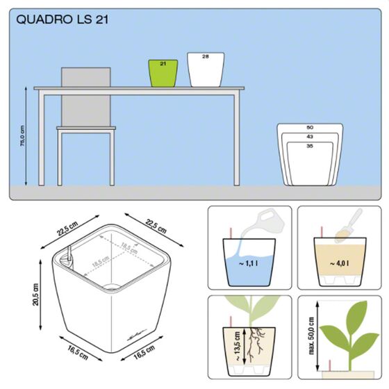 LECHUZA QUADRO 21 LS Premium Επιτραπέζια Γλάστρα 22.5x22.5x20.5cm ΑΥΤΟΠΟΤΙΖΟΜΕΝΗ με Δοχείο Φύτευσης Λευκή Γυαλιστερή Γερμανίας