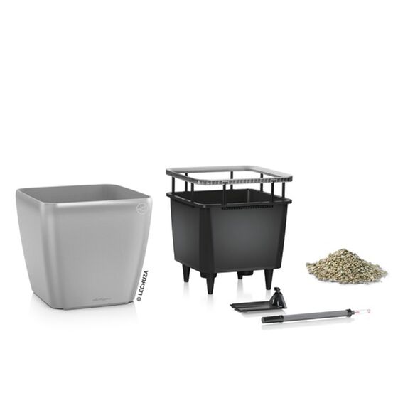 LECHUZA QUADRO 21 LS Premium Επιτραπέζια Γλάστρα 22.5x22.5x20.5cm ΑΥΤΟΠΟΤΙΖΟΜΕΝΗ με Δοχείο Φύτευσης Ασημί Γυαλιστερή Γερμανίας