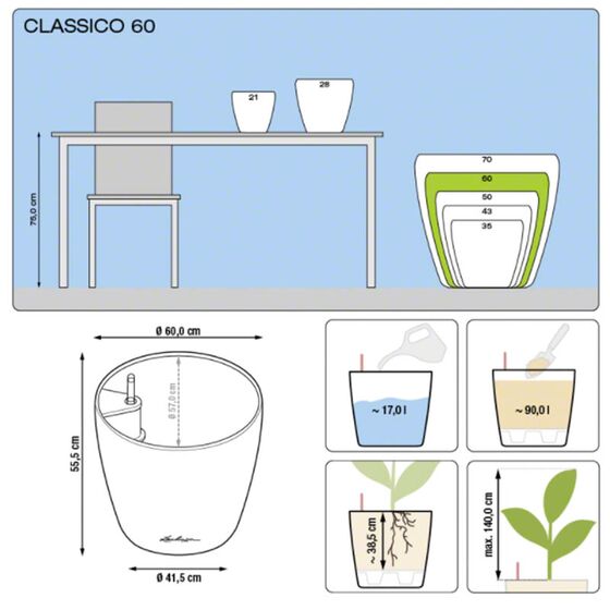 LECHUZA Classico 60 Premium Ø60x55.5cm Απλή Γλάστρα Χωρίς Σύστημα Αυτόματου ποτίσματος Ανθρακί Γυαλιστερή Γερμανίας