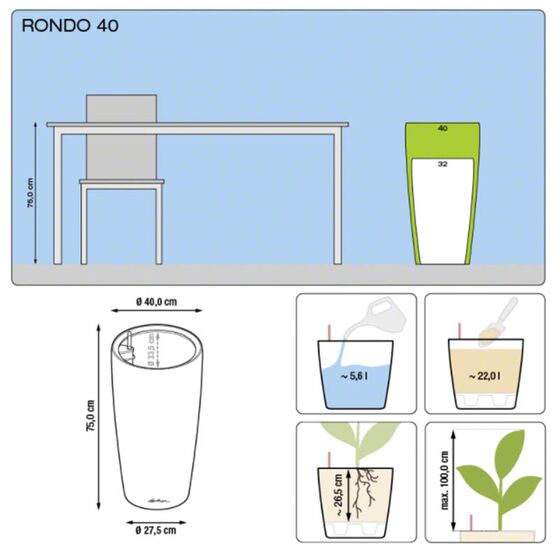 LECHUZA RONDO 40 Premium Επιδαπέδια Γλάστρα Ø40x75cm ΑΥΤΟΠΟΤΙΖΟΜΕΝΗ με Δοχείο Φύτευσης Λευκή Γυαλιστερή Γερμανίας