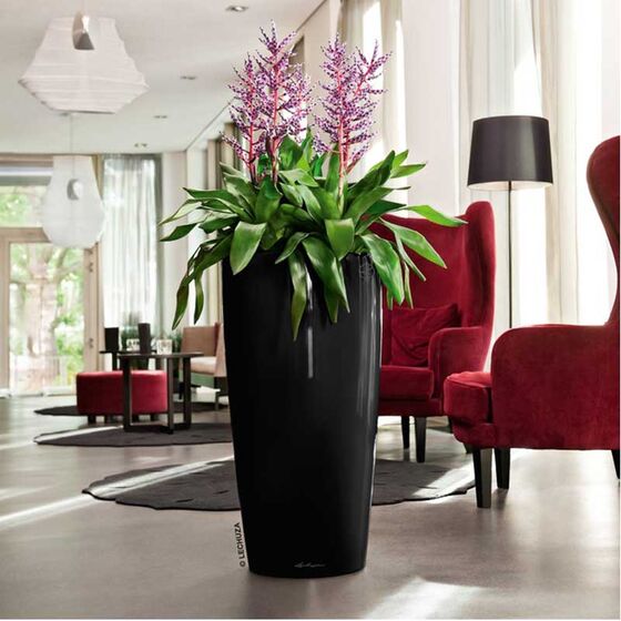 LECHUZA RONDO 32 Premium Επιδαπέδια Γλάστρα Ø32.5x56.5cm ΑΥΤΟΠΟΤΙΖΟΜΕΝΗ με Δοχείο Φύτευσης Μαύρη Γυαλιστερή Γερμανίας