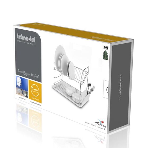 TEKNO-TEL Πιατοθήκη Στεγνωτήριο Πιάτων Επιχρωμιωμένο Ατσάλι 2όροφο 40x23x35cm Βάρος 1.56kg 18 Θέσεις Πιάτων με Θήκη και Δίσκο
