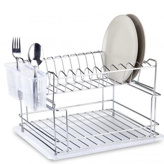 TEKNO-TEL Πιατοθήκη Στεγνωτήριο Αποσπώμενο Επιχρωμιωμένο Ατσάλι 37x30x24cm 2όροφο Βάρος 1.5kg 13 Θέσεις Πιάτων με Θήκη και Δίσκο