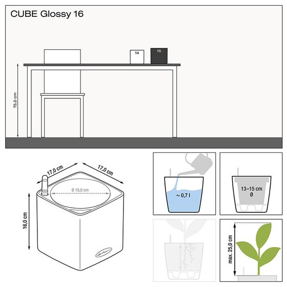 LECHUZA CUBE Glossy 16 Επιτραπέζια Γλάστρα 17x17x16cm Αυτοποτιζόμενη με Εσωτερικό Δοχείο Charcoal Metallic Γερμανίας