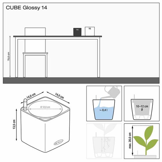 LECHUZA CUBE Glossy Επιτραπέζια Γλάστρα 14x14x14cm Αυτοποτιζόμενη με Εσωτερικό Δοχείο ΛΕΥΚΗ Γερμανίας
