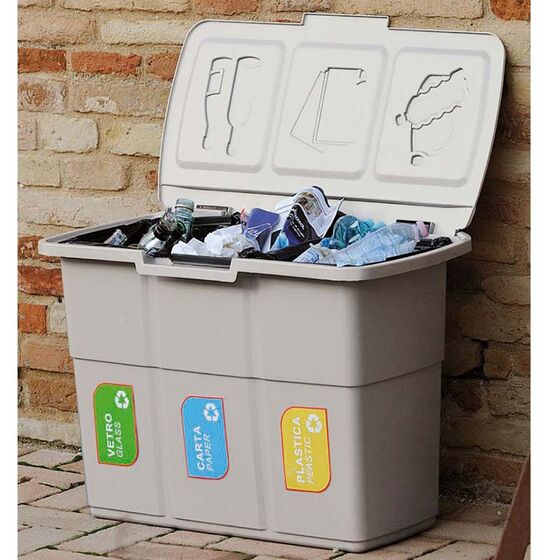 Κάδος Ανακύκλωσης Απορριμμάτων 75lt Τριπλός 75x37x50cm Πλαστικός Επαγγελματικός/Οικιακός Με Ενιαίο Καπάκι 2.7kg Ecopat Warm Grey/Γκρι