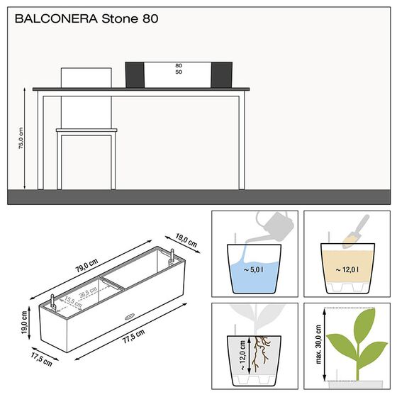 LECHUZA Balconera Stone 80 Ζαρντινιέρα 79x19x19cm Αυτοποτιζόμενη με 2 Δοχεία Φύτευσης Stone Grey Γερμανίας