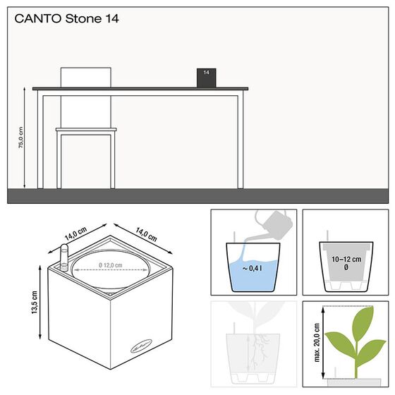 LECHUZA Canto Stone Low 14 Επιτραπέζια Γλάστρα 14x14x13.5cm Αυτοποτιζόμενη με Δοχείο GRAPHITE BLACK Γερμανίας