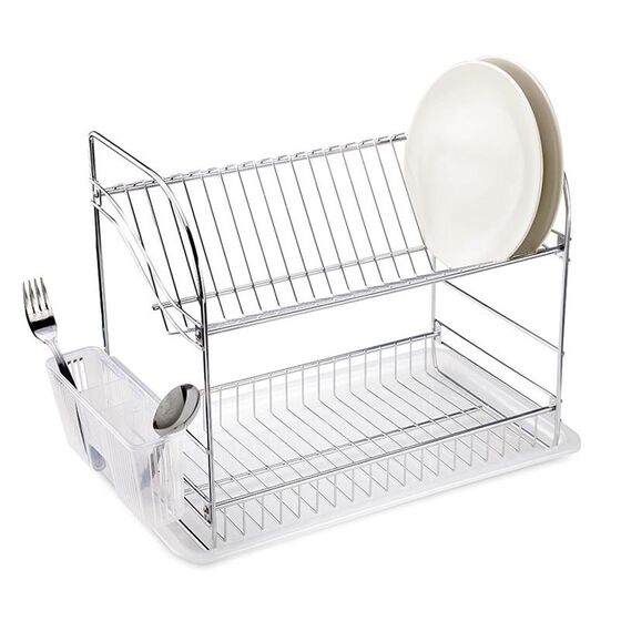 TEKNO-TEL Πιατοθήκη Στεγνωτήριο Πιάτων INOX (Ανοξείδωτο Ατσάλι) 2όροφο 40x23x35cm Βάρος 1.56kg 18 Θέσεις Πιάτων με Θήκη και Δίσκο