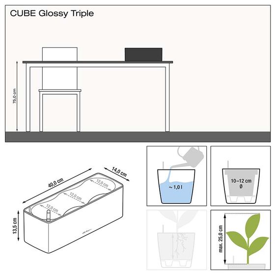 LECHUZA CUBE Glossy Triple Επιτραπέζια Ζαρντινιέρα 40x14x14cm Αυτοποτιζόμενη με Εσωτερικό Δοχείο White Γερμανίας