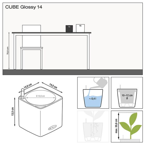 LECHUZA CUBE Glossy 14 Επιτραπέζια Γλάστρα 14x14x14cm Αυτοποτιζόμενη με Εσωτερικό Δοχείο Charcoal Metallic Γερμανίας