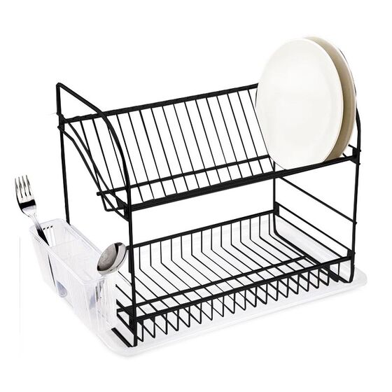 TEKNO-TEL Πιατοθήκη Στεγνωτήριο Πιάτων INOX (Ανοξείδωτο Ατσάλι) 2όροφο 40x23x35cm Βάρος 1.56kg 18 Θέσεις Πιάτων με Θήκη και Δίσκο Μαύρο Matt