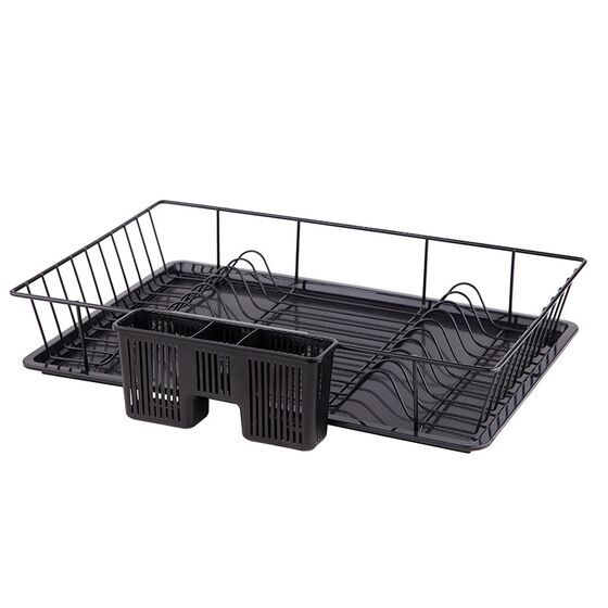 TEKNO-TEL Πιατοθήκη-Στεγνωτήριο INOX (Ανοξείδωτο Ατσάλι) 49x31x9cm 1.20kg με Θήκη και Δίσκο Χαμηλή Μαύρο Matt