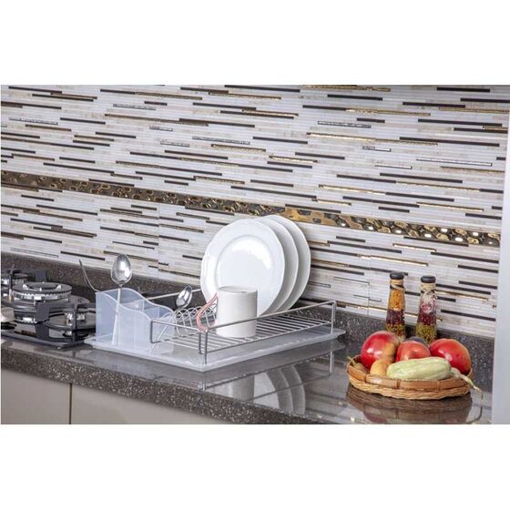 TEKNO-TEL Πιατοθήκη-Στεγνωτήριο Πιάτων Ανοξείδωτο Ατσάλι (INOX) 48x33x12cm Βάρος 1.40kg 14 Θέσεις Πιάτων με Πλαστική Κουταλοθήκη και Δίσκο Μαύρο Matt