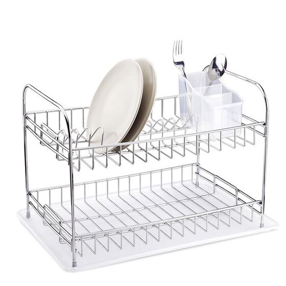 TEKNO-TEL Πιατοθήκη -Στεγνωτήριο Πιάτων 2όροφο Ανοξείδωτο Ατσάλι (INOX) 47x32x31cm 2.6kg 11 Θέσεις Πιατών με Πλαστικό Δίσκο και Κουταλοθήκη