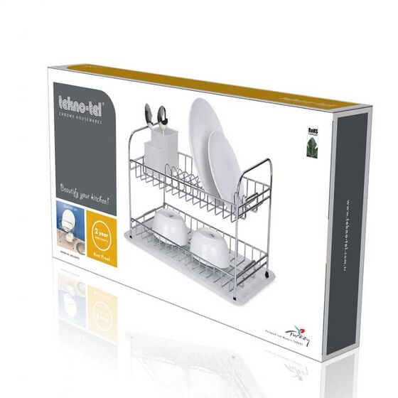 TEKNO-TEL Πιατοθήκη -Στεγνωτήριο Πιάτων 2όροφο Επιχρωμιωμένο Ατσάλι 47x32x31cm 2.6kg 11 Θέσεις Πιατών με Πλαστικό Δίσκο και Κουταλοθήκη