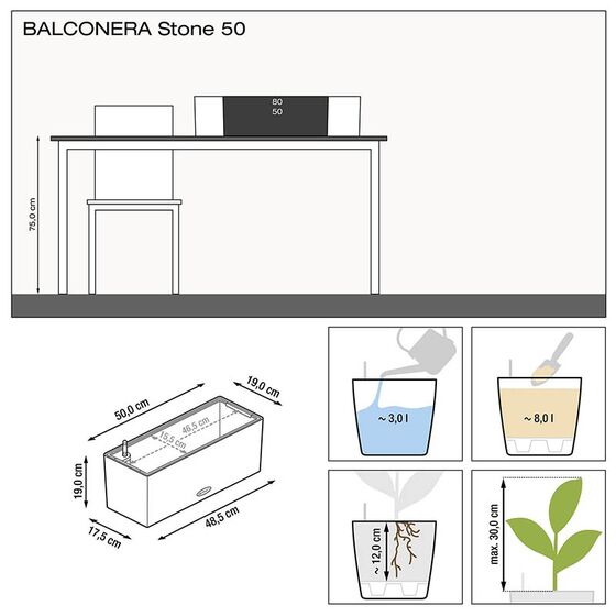 LECHUZA Balconera Stone 50 Ζαρντινιέρα 50x19x19cm Αυτοποτιζόμενη με Δοχείο Φύτευσης QUARTZ WHITE Γερμανίας