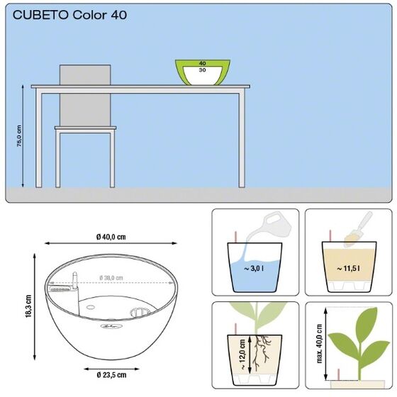 LECHUZA Cubeto Color40 Επιτραπέζια Γλάστρα Ø40x18.3cm Αυτοποτιζόμενη με Δοχείο Φύτευσης 11.5lt QUARTZ WHITE με Όψη Πέτρας Γερμανίας