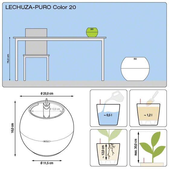 LECHUZA Puro20 Επιτραπέζια Γλάστρα Ø20x16cm Σφαιρική Αυτοποτιζόμενη με Δοχείο Φύτευσης 1.2lt Γερμανίας RedDot Award 2014/German Design Award 2016 Sand Brown