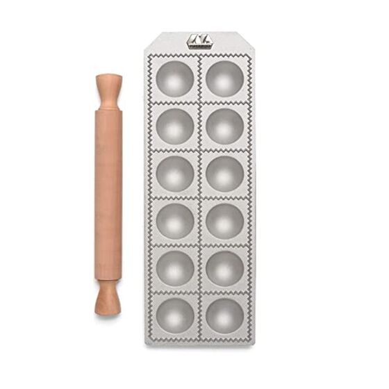 MARCATO Ιταλίας Φόρμα Design 12 θέσεων Ασημί για Ζυμαρικά Ravioli 33.5x11.5x2cm και Πλάστης