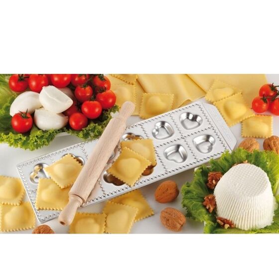 IMPERIA Ιταλίας Raviolamp Φόρμα Design 12 Θέσεων Αλουμινίου Ασημί για Ζυμαρικά Cuoricini 33.5x11.5x2cm και Ξύλινος Πλάστης