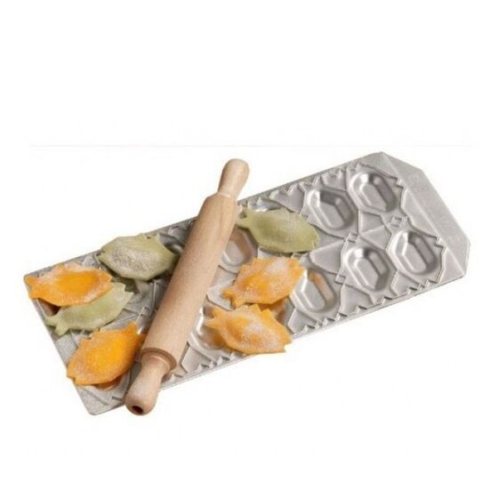 IMPERIA Ιταλίας Raviolamp Φόρμα Design 14 θέσεων Αλουμινίου Ασημί για Ζυμαρικά Pesciolini 32x14x1.5cm και Ξύλινος Πλάστης