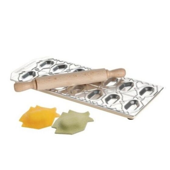 IMPERIA Ιταλίας Raviolamp Φόρμα Design 14 θέσεων Αλουμινίου Ασημί για Ζυμαρικά Pesciolini 32x14x1.5cm και Ξύλινος Πλάστης