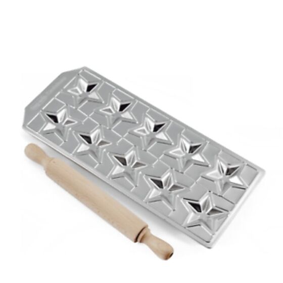 IMPERIA Ιταλίας Raviolamp Φόρμα Design 10 θέσεων Αλουμινίου Ασημί για Ζυμαρικά Stelline 32x14x1.5cm και Ξύλινος Πλάστης