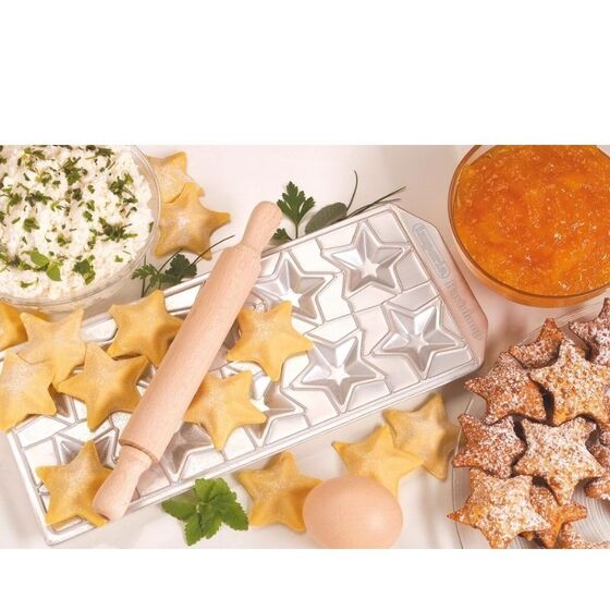 IMPERIA Ιταλίας Raviolamp Φόρμα Design 10 θέσεων Αλουμινίου Ασημί για Ζυμαρικά Stelline 32x14x1.5cm και Ξύλινος Πλάστης