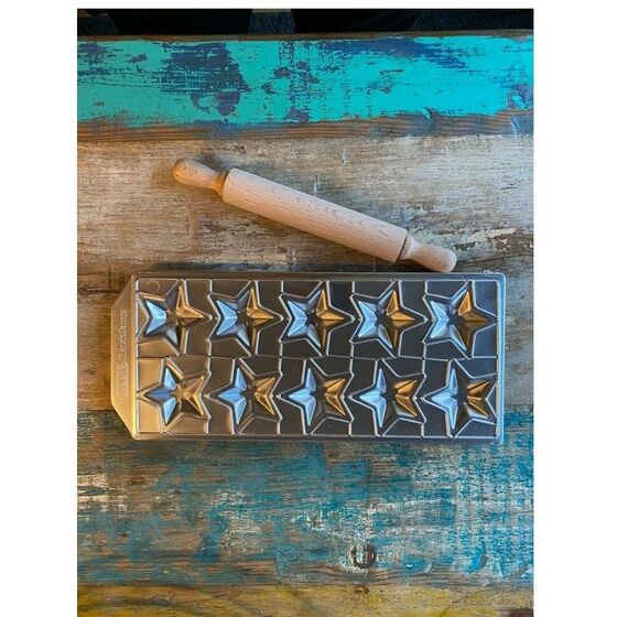 IMPERIA Ιταλίας Raviolamp Φόρμα Design 10 θέσεων Αλουμινίου Ασημί για Ζυμαρικά Stelline 32x14x1.5cm και Ξύλινος Πλάστης