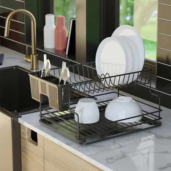 TEKNO-TEL Πιατοθήκη Στεγνωτήριο ΙΝΟΧ (Ανοξείδωτο Ατσάλι) 2όροφο 41x30x21cm  Βάρος 1.71kg 17 Θέσεις Πιάτων με Θήκη και Δίσκο Μαύρο Matt