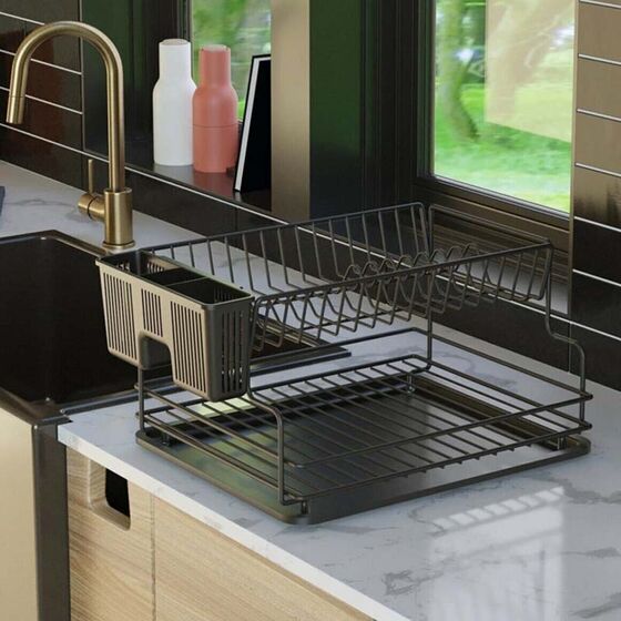 TEKNO-TEL Πιατοθήκη Στεγνωτήριο ΙΝΟΧ (Ανοξείδωτο Ατσάλι) 2όροφο 41x30x21cm  Βάρος 1.71kg 17 Θέσεις Πιάτων με Θήκη και Δίσκο Μαύρο Matt